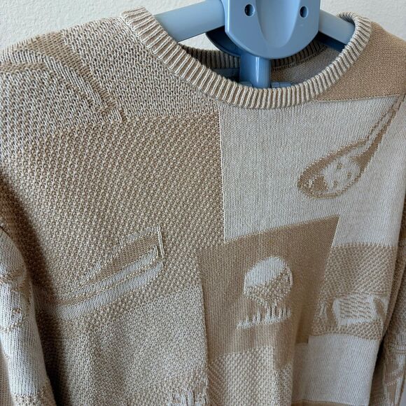 Cypress Links Sweater L Beige Cotton Knit Hong Kong Abstract Golf Patchwork Knit - Picture 3 of 5